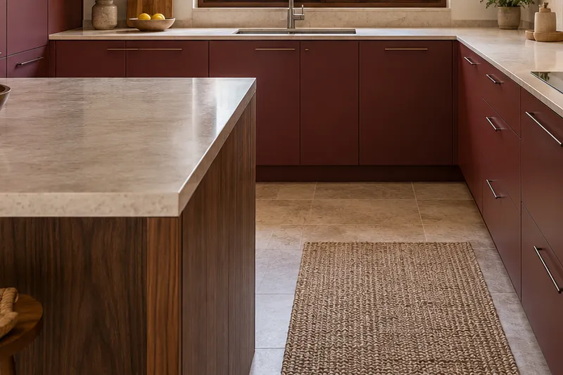Visualización conceptual IA de cocina: Reformas de Álvaro Molina. Detalle de materiales y distribución.