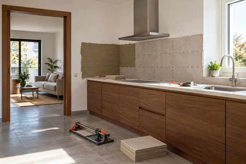 Visualización conceptual IA: Colocación de azulejos con separadores y adhesivo sobre una pared de cocina.