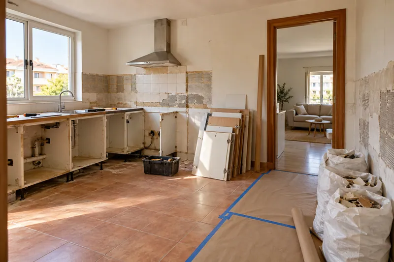 Visualización conceptual IA: Retirada de muebles y revestimientos al comienzo de una reforma de cocina.