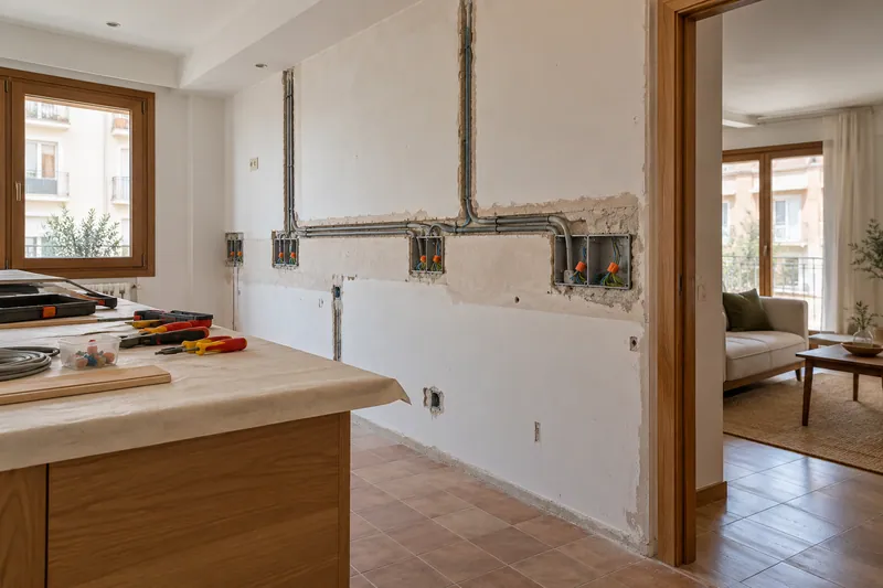 Visualización conceptual IA: Canalizaciones y cajas eléctricas durante la preparación de una cocina.