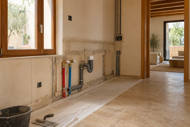 Visualización conceptual IA: Tuberías de suministro y desagüe durante la renovación de una cocina.