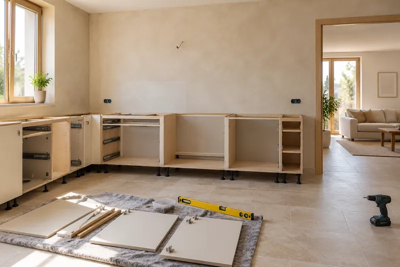 Visualización conceptual IA: Módulos de cocina en montaje con puertas pendientes de colocar.