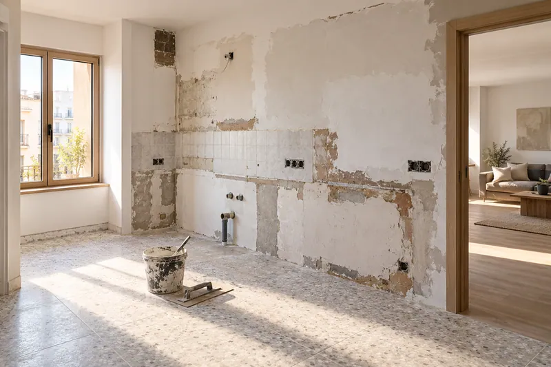 Visualización conceptual IA: Cocina sin muebles con paredes en preparación y zonas de enlucido.